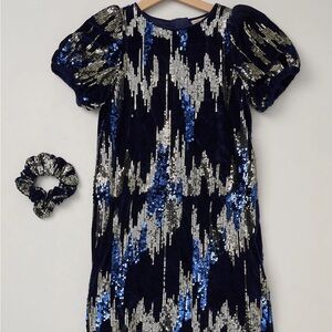 Elegant Sequin Kids Formal Dress - Navy and Silver